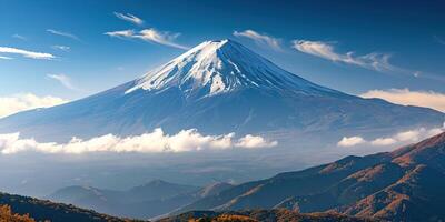 ai gegenereerd mt. fuji, monteren Fuji-san hoogste vulkaan berg in Tokio, Japan. sneeuw afgedekt piek, conisch heilig symbool, natuur landschap backdrop achtergrond behang, reizen bestemming foto
