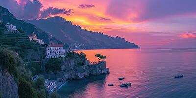 ai gegenereerd amalfi kust kustlijn in sorrentine schiereiland, Campanië regio, Italië. vakantie bestemming kustlijn met heuvels, stranden, en kliffen, zee visie, zonsondergang gouden uur behang foto