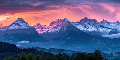 ai gegenereerd Zwitsers Alpen besneeuwd berg reeks met valleien en weiden, platteland in Zwitserland landschap. gouden uur majestueus vurig zonsondergang lucht, reizen bestemming behang achtergrond foto