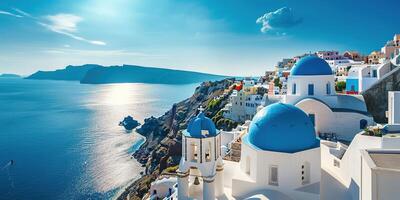 ai gegenereerd Santorini thira eiland in zuidelijk Egeïsch zee, Griekenland dag. fira en oia stad- met wit huizen met uitzicht kliffen, stranden, en klein eilanden panorama achtergrond behang foto