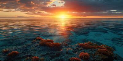 ai gegenereerd Super goed barrière rif Aan de kust van koninginneland, Australië zeegezicht. koraal zee marinier ecosysteem behang achtergrond Bij zonsondergang, met een oranje Purper lucht in de avond gouden uur foto