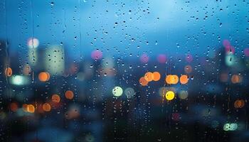 ai gegenereerd regenachtig venster met wazig stad lichten in de achtergrond. bokeh uit van focus vervagen, somber het weer, melancholisch stemming, droefheid, verlangen, depressie concept backdrop foto