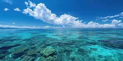 ai gegenereerd Super goed barrière rif Aan de kust van koninginneland, Australië zeegezicht. koraal zee marinier ecosysteem behang met blauw bewolkt lucht in de daglicht foto