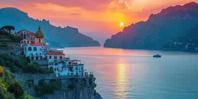 ai gegenereerd amalfi kust kustlijn in sorrentine schiereiland, Campanië regio, Italië. vakantie bestemming kustlijn met heuvels, stranden, en kliffen, zee visie, zonsondergang gouden uur behang foto