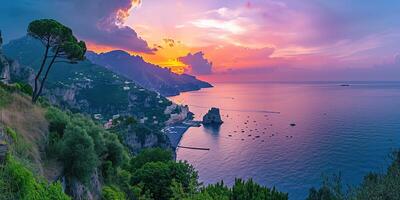 ai gegenereerd amalfi kust kustlijn in sorrentine schiereiland, Campanië regio, Italië. vakantie bestemming kustlijn met heuvels, stranden, en kliffen, zee visie, zonsondergang gouden uur behang foto