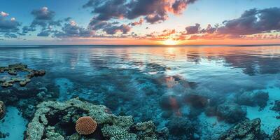 ai gegenereerd Super goed barrière rif Aan de kust van koninginneland, Australië zeegezicht. koraal zee marinier ecosysteem behang achtergrond Bij zonsondergang, met een oranje Purper lucht in de avond gouden uur foto