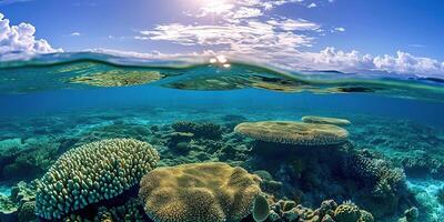 ai gegenereerd Super goed barrière rif Aan de kust van koninginneland, Australië zeegezicht. koraal zee marinier ecosysteem onderwater- spleet visie met een blauw daglicht lucht behang achtergrond foto