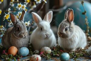 ai gegenereerd drie schattig pluizig konijntjes zittend tussen Pasen eieren en voorjaar bloemen groet kaart stijl foto