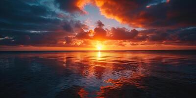 ai gegenereerd kalmte zee zonsondergang landschap. Purper, roze, oranje vurig gouden uur avond lucht in de horizon. opmerkzaamheid, meditatie, rust, rust, ontspanning concept behang achtergrond foto