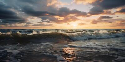 ai gegenereerd Baltisch zee golven met schuim crashen Aan de strand Bij zonsondergang. Purper, oranje, geel en blauw tinten, zonnestralen, romantisch avond, zeegezicht landschap achtergrond behang foto