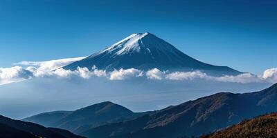 ai gegenereerd mt. fuji, monteren Fuji-san hoogste vulkaan berg in Tokio, Japan. sneeuw afgedekt piek, conisch heilig symbool, natuur landschap backdrop achtergrond behang, reizen bestemming foto