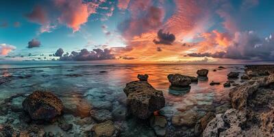 ai gegenereerd Super goed barrière rif Aan de kust van koninginneland, Australië rotsachtig strand zeegezicht. rotsen en kiezels, Purper en oranje gouden uur zonsondergang avond lucht horizon zee behang achtergrond foto