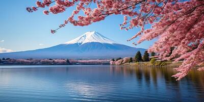 ai gegenereerd mt. fuji, monteren fuji san hoogste vulkaan berg in Tokio, Japan. sneeuw afgedekt piek, conisch heilig symbool, voorjaar seizoen, sakura roze bomen, natuur landschap backdrop achtergrond foto