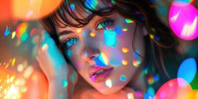 ai gegenereerd jong vrouw model- in hun Jaren 20 poseren in een prisma gebrandschilderd glas regenboog spectrum helder kleur verlichting. natuurlijk schoonheid, jeugd, gezicht huid zorg, mode en bedenken concept achtergrond foto