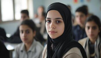 een jong moslim vrouw in een hijab in een klas foto