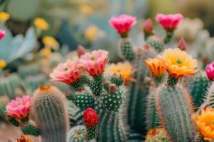 ai gegenereerd een verzameling van verschillend cactus variëteiten in een woestijn landschap foto