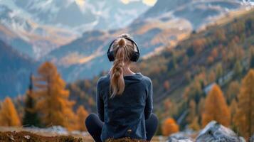 ai gegenereerd terug visie vrouw in hoofdtelefoons luisteren muziek- in de bergen. foto