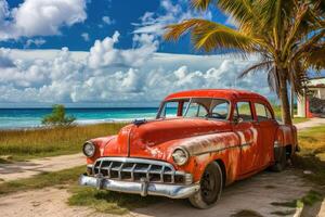 ai gegenereerd een oud auto geparkeerd Aan een tropisch strand foto