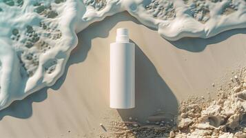 ai gegenereerd blanco wit fles kunstmatig huidsverzorging bedenken containers voor Product presentatie Aan wit zand strand foto