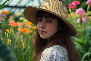 ai gegenereerd een vrouw vervelend rietje hoed in bloem tuin foto