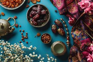 ai gegenereerd moslim vakantie concept. Ramadan kareem en iftar moslim voedsel. dienbladen met noten en droog fruit foto