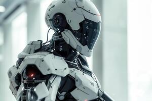 ai gegenereerd een robot soldaat in Geavanceerd gevecht kleding met strak schild geïntegreerde technologie foto