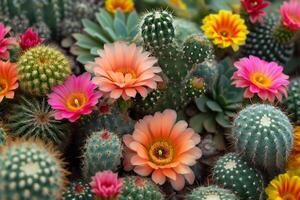 ai gegenereerd een verzameling van verschillend cactus variëteiten in een woestijn landschap foto