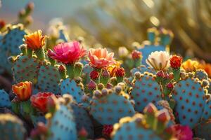 ai gegenereerd een verzameling van verschillend cactus variëteiten in een woestijn landschap foto