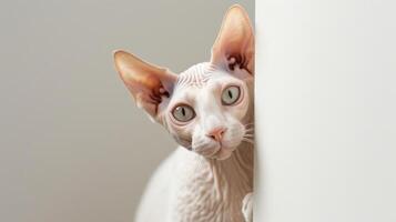 ai gegenereerd Cornish rex kat gluren in de omgeving van hoek foto