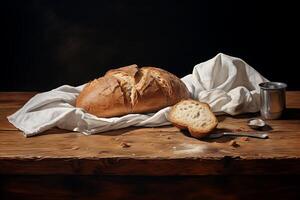 ai gegenereerd verschillend types van brood. bakkerij concept. verscheidenheid van brood dichtbij omhoog. assortiment van gebakken brood Aan houten achtergrond. gluten vrij brood Aan houten achtergrond. foto