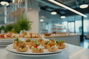 ai gegenereerd catering in de kantoor. tafel met canapeetjes en divers snacks geserveerd Aan de achtergrond van een bedrijf ontmoeting. foto