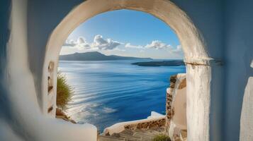 ai gegenereerd visie van de zee van de huis door de boog, Santorini eiland, Griekenland. foto