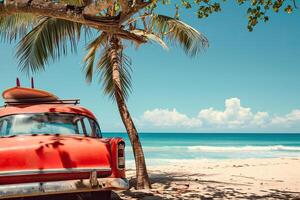 ai gegenereerd een oud auto geparkeerd Aan een tropisch strand met een surfboard Aan de dak. foto
