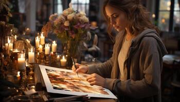 ai gegenereerd jong vrouw zittend Bij tafel, Holding kaars, glimlachen gegenereerd door ai foto