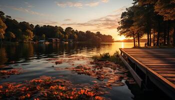 ai gegenereerd rustig tafereel, zonsondergang over- water, reflecterend natuur schoonheid gegenereerd door ai foto