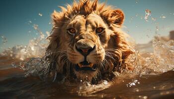 ai gegenereerd majestueus leeuw spatten in water, dichtbij omhoog portret gegenereerd door ai foto