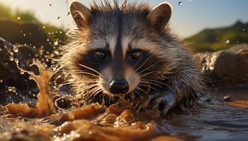 ai gegenereerd schattig wasbeer spatten in water, op zoek Bij camera gegenereerd door ai foto