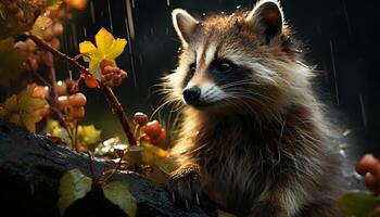 ai gegenereerd schattig wasbeer zittend Aan Afdeling in herfst Woud gegenereerd door ai foto