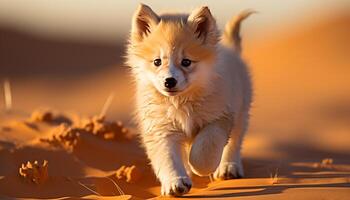 ai gegenereerd schattig puppy spelen in de zand, op zoek Bij camera, glimlachen gegenereerd door ai foto