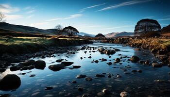 ai gegenereerd rustig tafereel van een berg reeks reflecterend in blauw water gegenereerd door ai foto