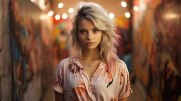 ai gegenereerd een blond haar- meisje staand in voorkant van een kleurrijk, met graffiti bedekt muur foto