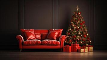 ai gegenereerd feestelijk Kerstmis boom met rood sofa en cadeaus in een knus leven kamer interieur met donker humeur foto