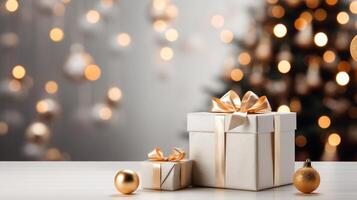 ai gegenereerd feestelijk Kerstmis boom en wit cadeaus Aan een wit achtergrond foto