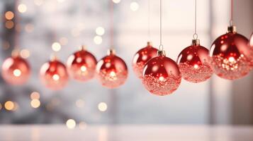 ai gegenereerd magisch rood Kerstmis bal met prachtig wazig achtergrond foto