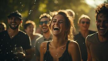 ai gegenereerd glimlachen mannen en Dames, jong volwassenen, pret groep van mensen gegenereerd door ai foto