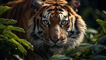 ai gegenereerd majestueus Bengalen tijger schuilplaats in tropisch regenwoud, staren Bij camera gegenereerd door ai foto