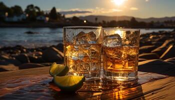 ai gegenereerd zonsondergang over- de buitenshuis tafel, whisky in een drinken glas gegenereerd door ai foto