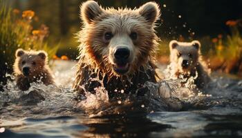 ai gegenereerd schattig puppy spatten in water, spelen buitenshuis, hebben zomer pret gegenereerd door ai foto