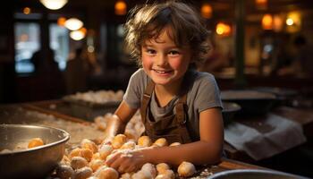 ai gegenereerd glimlachen kind bakken koekjes in de keuken gegenereerd door ai foto