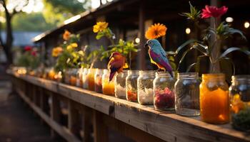 ai gegenereerd levendig vogel neerstrijken Aan tak, aan het eten vers fruit gegenereerd door ai foto